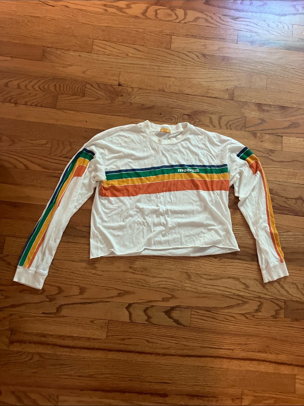 MOTHER White Long Sleeve slouchy cutoff Tee S chalk rainbow band